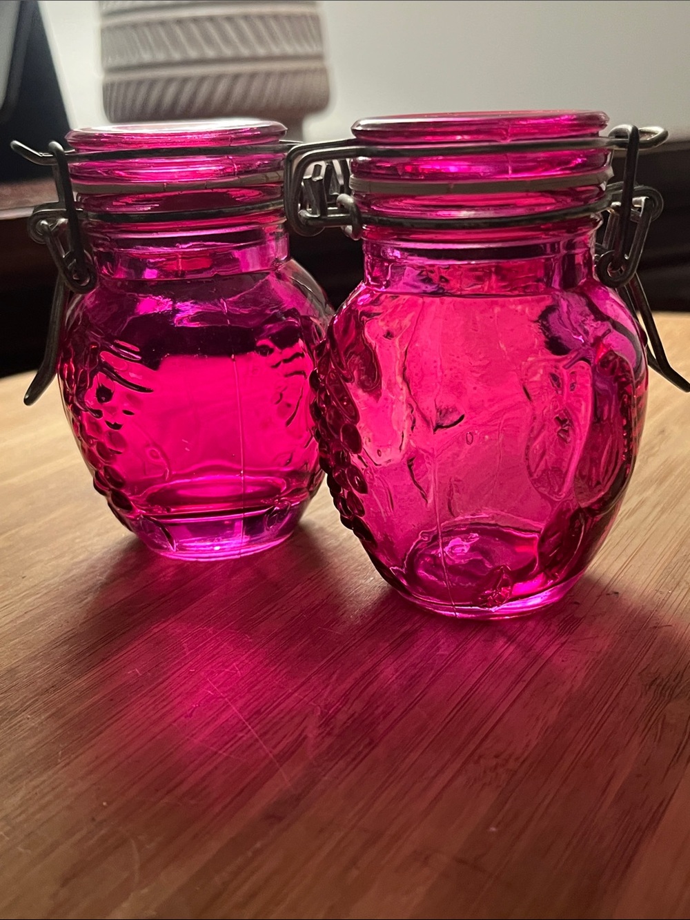 Set of 2 Pink Glass Clamp Lid Jars Embossed Grape Design Mini Storage Decor